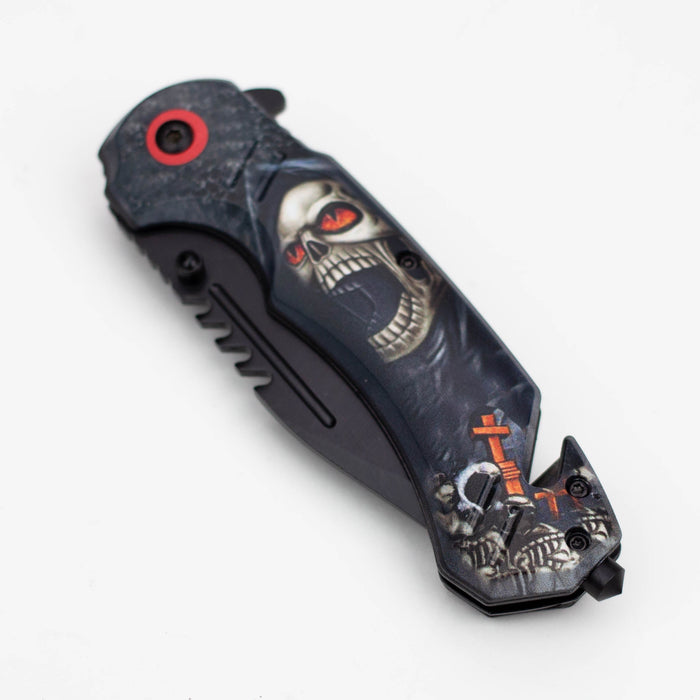 8" Defender-Xtreme Death  Design Handle Folding Knife W/  Belt Cutter [13887]_1