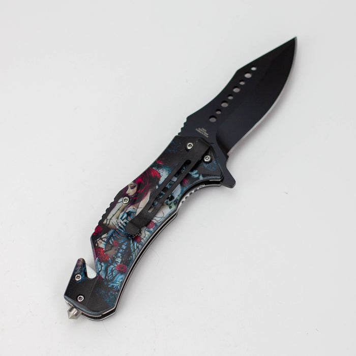 Defender-Xtreme 8.5″ Glass Breaker Lady & Skull Folding Knife [13431]_2