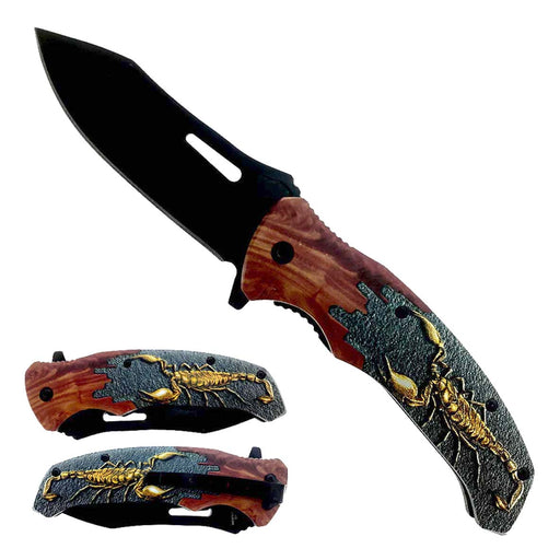 8-1/2" Spring Assisted Knife Plastic Wood Handle w Scorpion_0