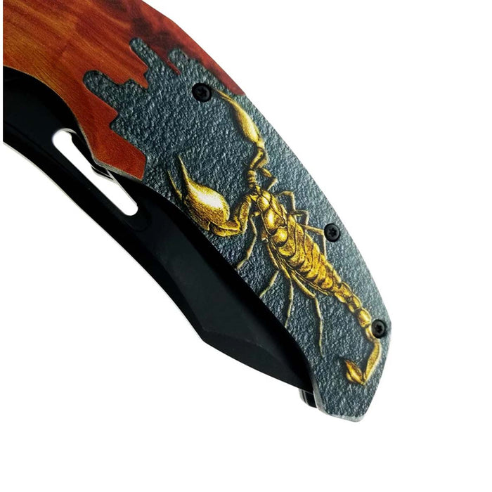 8-1/2" Spring Assisted Knife Plastic Wood Handle w Scorpion_2