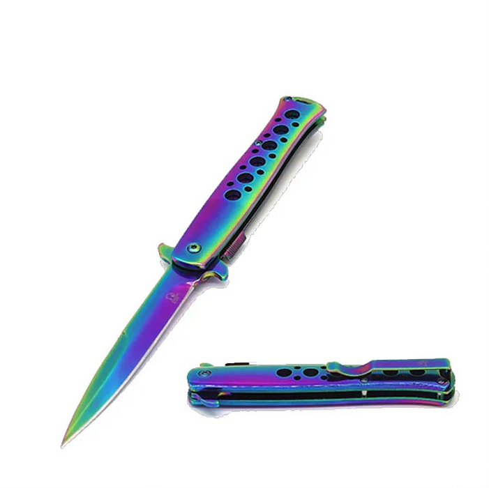 Falcon | 9" Overall Metal Spring Assisted Knife With Rainbow Coating_0