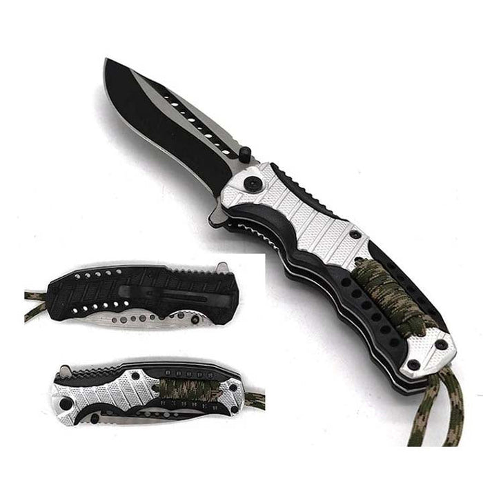 Falcon 8" Spring Assisted Knife Black & Silver Handle w/ paracord_0