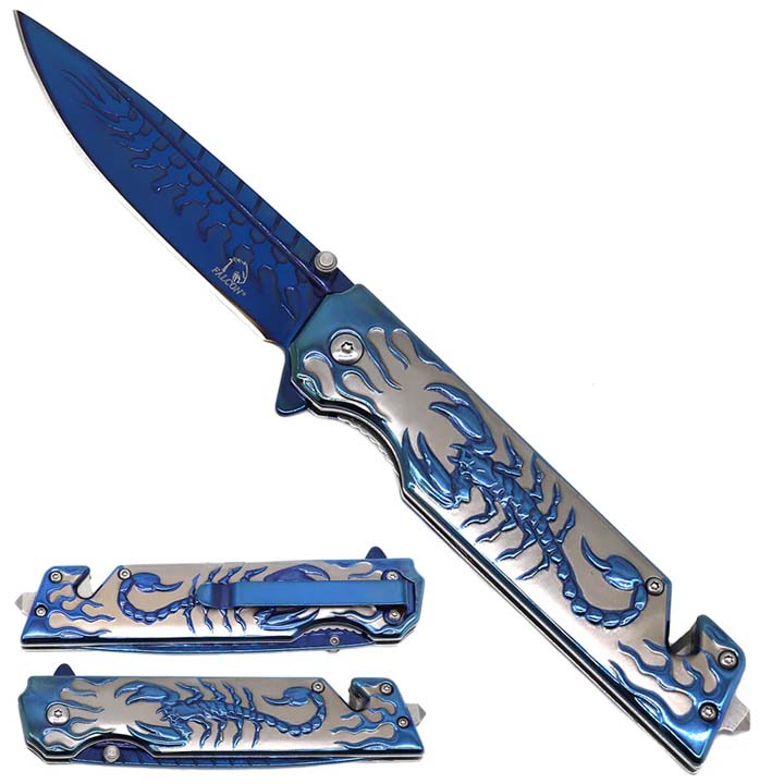 Falcon 9" Pocket Knife Overall Semi Automatic Blue Scorpion_0