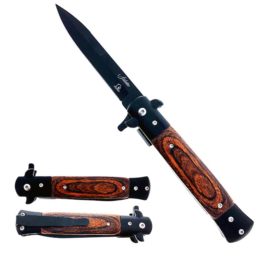 Falcon 9" Spring Assisted Stiletto Knife w/ faux Wood Acrylic handle._0