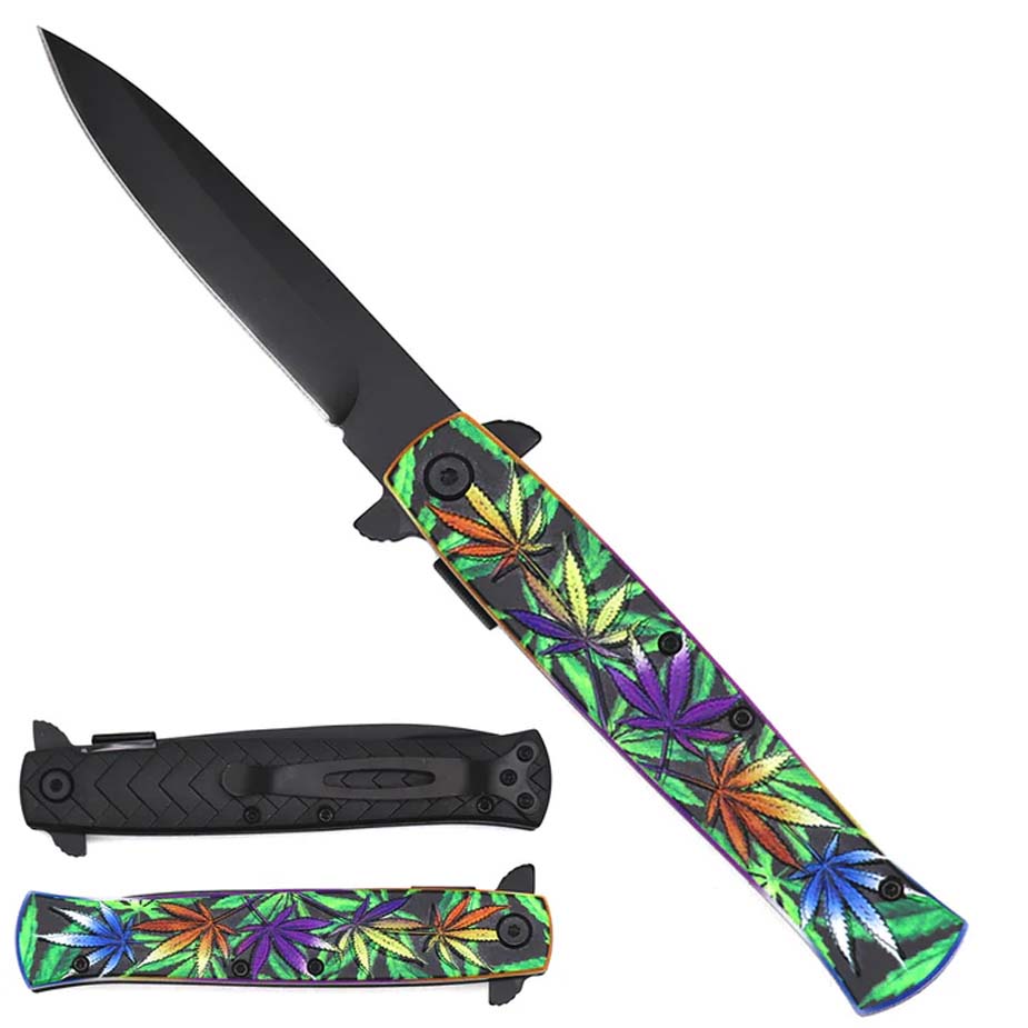 8" Spring Assisted Pocket Knife Marijuana Handle_0