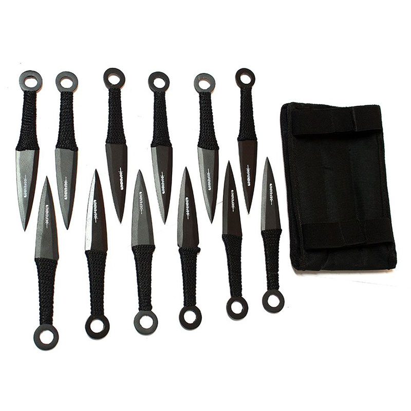 6" Black Throwing Knives with Black Handle & Sheath Set of 12 [6233]_0